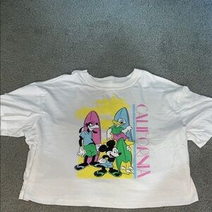 Disney White Graphic Tee with Pink, Blue, Green & Yellow Surf Print